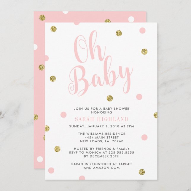 Invitation Parties scintillant rose et or Oh Baby shower (Devant / Derrière)