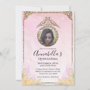 Invitation Parties scintillant rose et or Tiara Quinceañera P