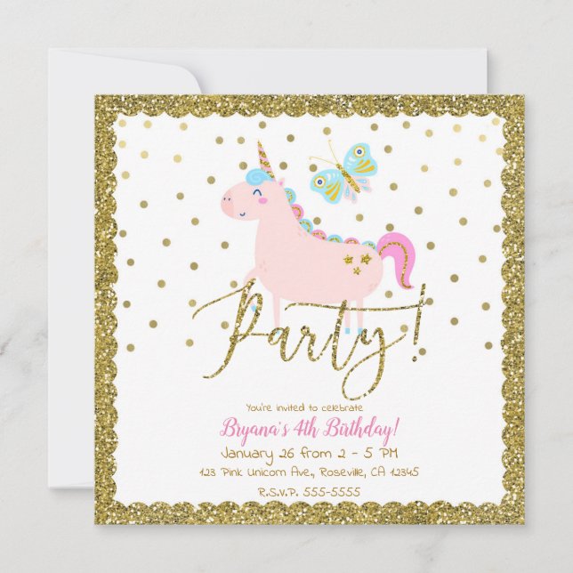 Invitation Parties scintillant rose et or Unicorn Girls Birth (Devant)