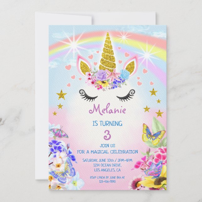 Invitation Parties scintillant rose et or Unicorn Rainbow Ann (Devant)