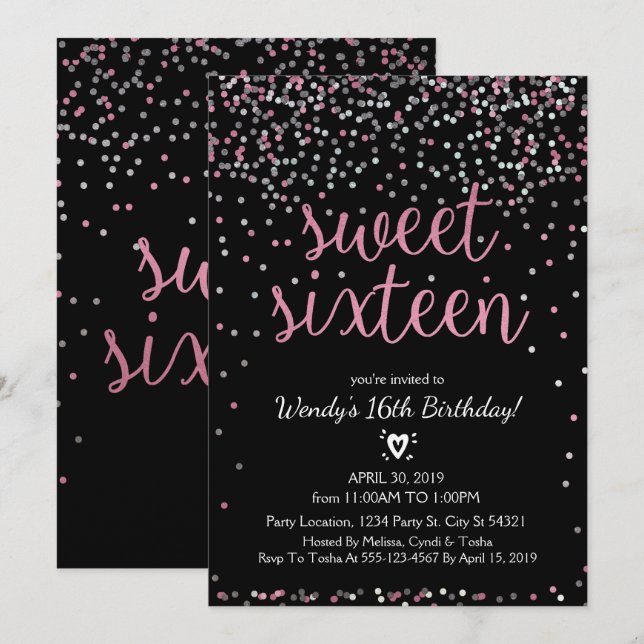 Invitation Parties scintillant Rose et Silver Sweet 16 Annive (Devant / Derrière)