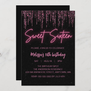 Invitation Parties scintillant rose et sucré noir 16 Annivers