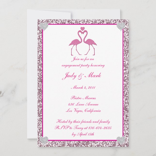 Invitation Parties scintillant rose Faux Flamant rose Engagem (Devant)
