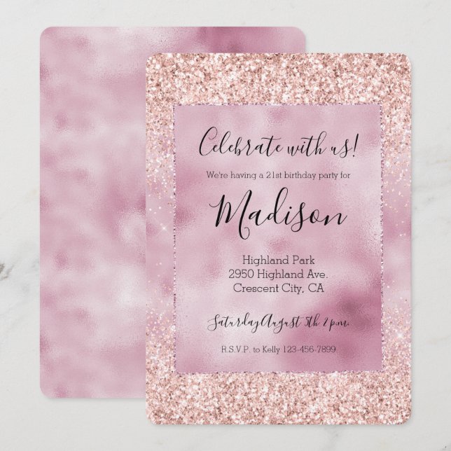 Invitation Parties scintillant rose Fille (Devant / Derrière)