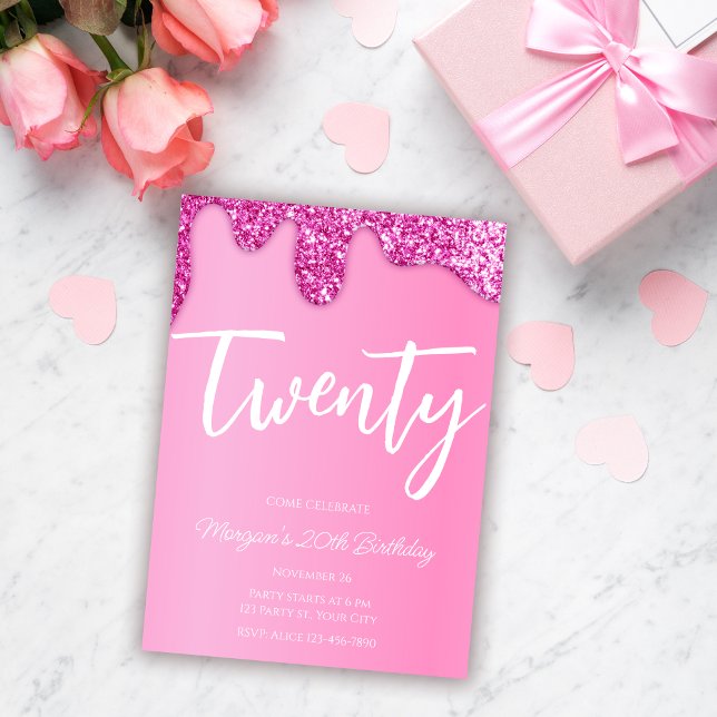 Invitation Parties scintillant rose fille 20e anniversaire fê (Créateur téléchargé)
