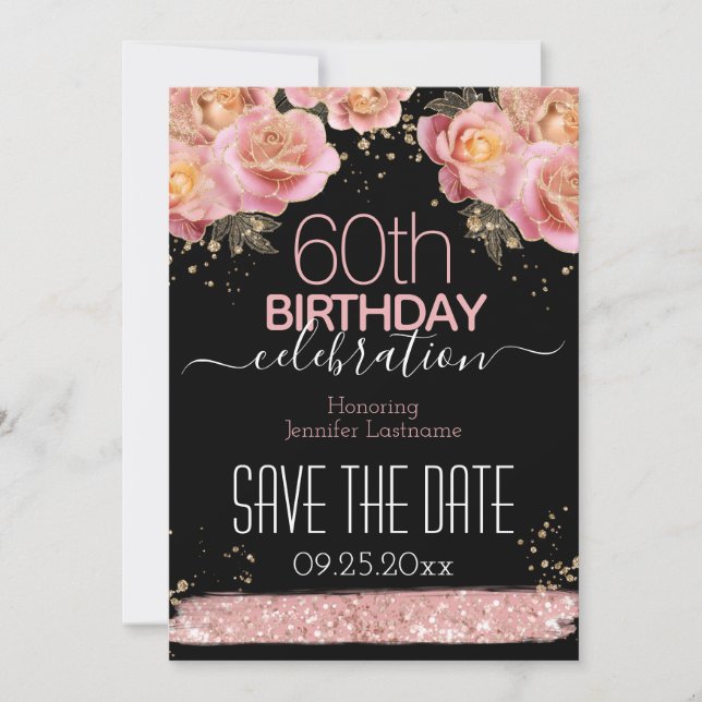 Invitation Parties scintillant rose Floral 60e anniversaire E (Devant)