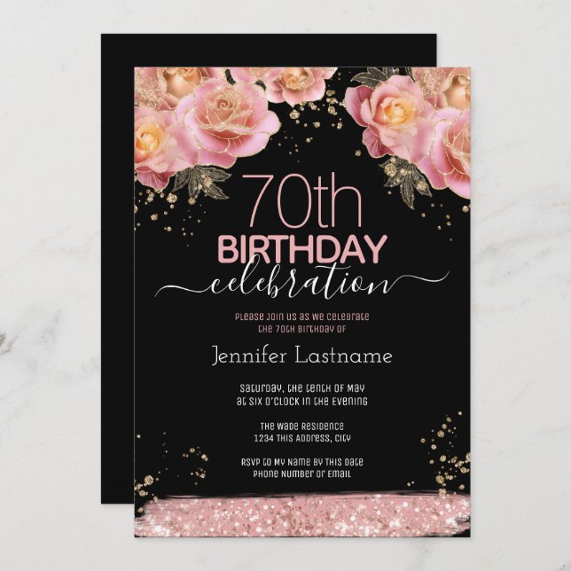 Invitation Parties scintillant rose Floral 70e anniversaire I (Devant / Derrière)