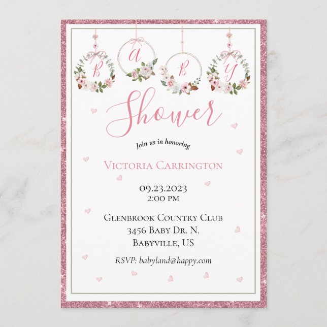 Invitation Parties scintillant rose Floral Aquarelle Coeurs B (Devant)