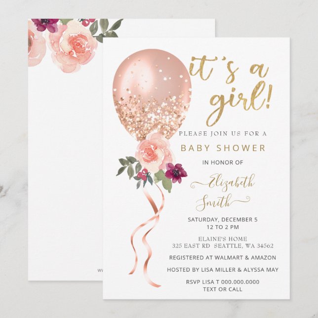 Invitation Parties scintillant rose floral balloon Baby showe (Devant / Derrière)