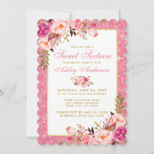 Invitation Parties scintillant rose Floral Douce 16 Anniversa
