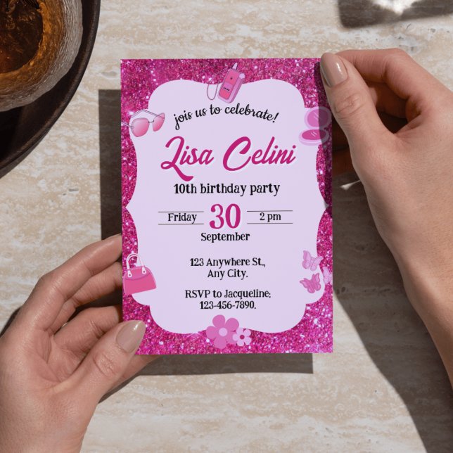 Invitation Parties scintillant rose Floral Girl Anniversaire  (Pink Glitter Floral Girl Birthday Invitations - Sparkly & Feminine Bday Invites)