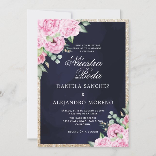 Invitation Parties scintillant rose Floral Nuestra Boda Maria (Devant)