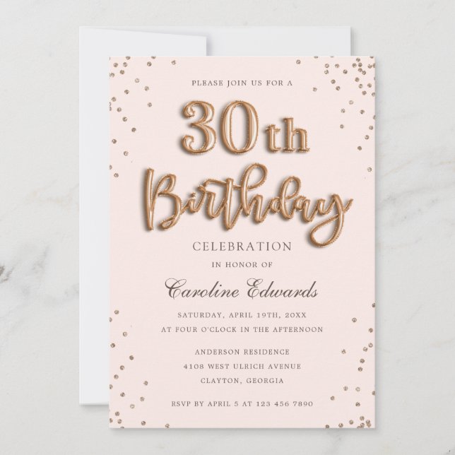 Invitation Parties scintillant Rose Foil Ballons 30e annivers (Devant)