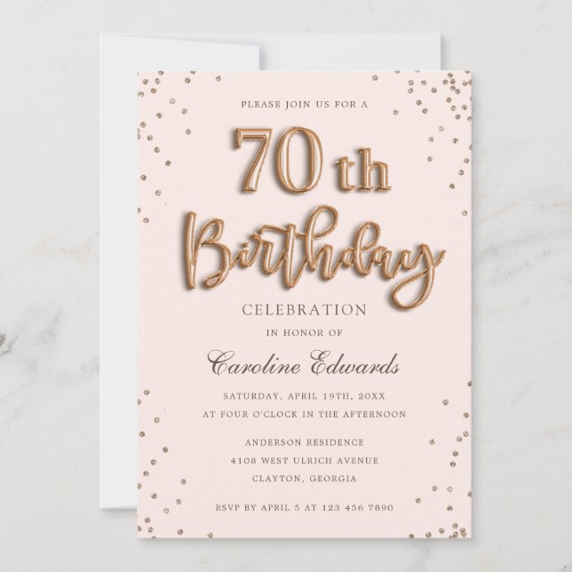 Invitation Parties scintillant Rose Foil Ballons 70e annivers (Devant)