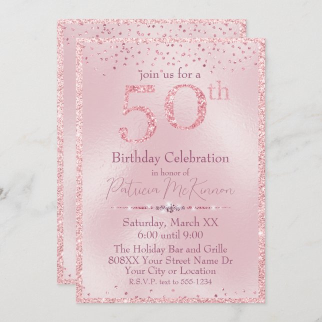 Invitation Parties scintillant rose glamour 50e anniversaire (Devant / Derrière)