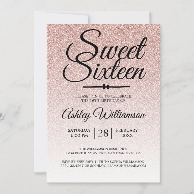 Invitation Parties scintillant rose glamour Ombre Sweet 16 An (Devant)