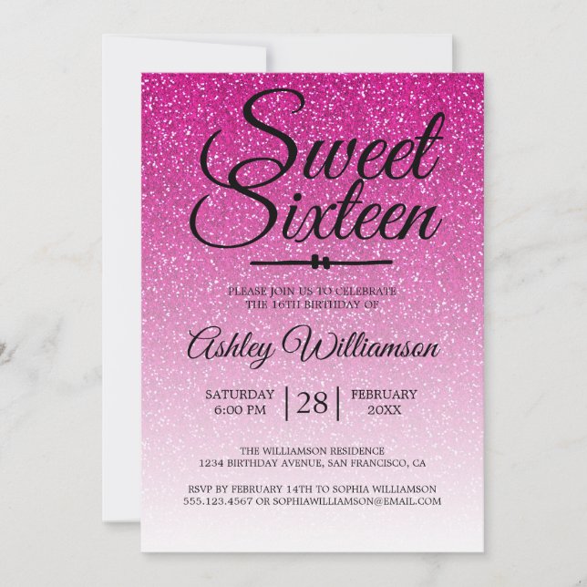 Invitation Parties scintillant rose glamour Ombre Sweet 16 An (Devant)