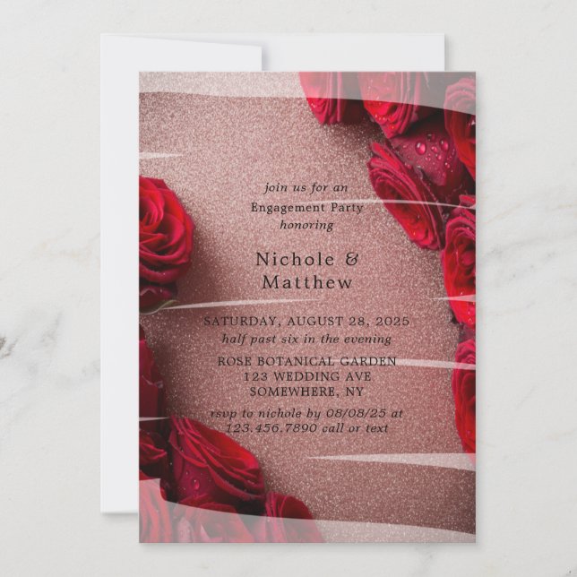 Invitation Parties scintillant rose Gold avec Red Roses (Devant)