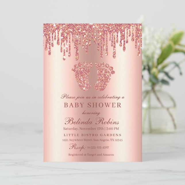 Invitation Parties scintillant  Rose Gold Baby Pieds Baby sho (Debout devant)