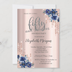 Invitation Parties scintillant Rose Gold Blue Flower 50e anni