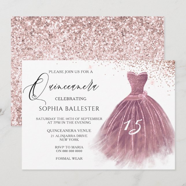 Invitation Parties scintillant rose Gold Blush Gown Quinceane (Devant / Derrière)