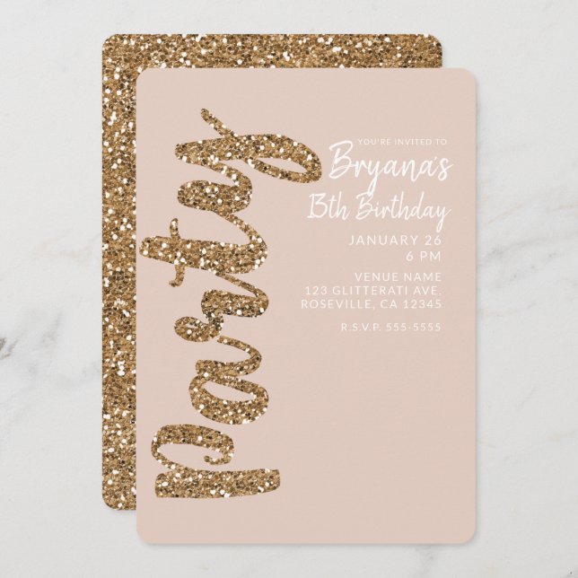 Invitation Parties scintillant Rose Gold Blush N'IMPORTE QUEL (Devant / Derrière)