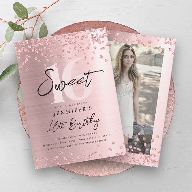 Invitation Parties scintillant rose Gold Blush Photo Sweet 16 (Rose Gold Blush Glitter Photo Sweet 16 Party Invitation)