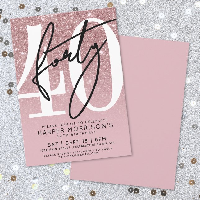 Invitation Parties scintillant rose Gold Blush Rose 40e anniv (Rose Gold Blush Pink Glitter 40th Birthday Invitation)