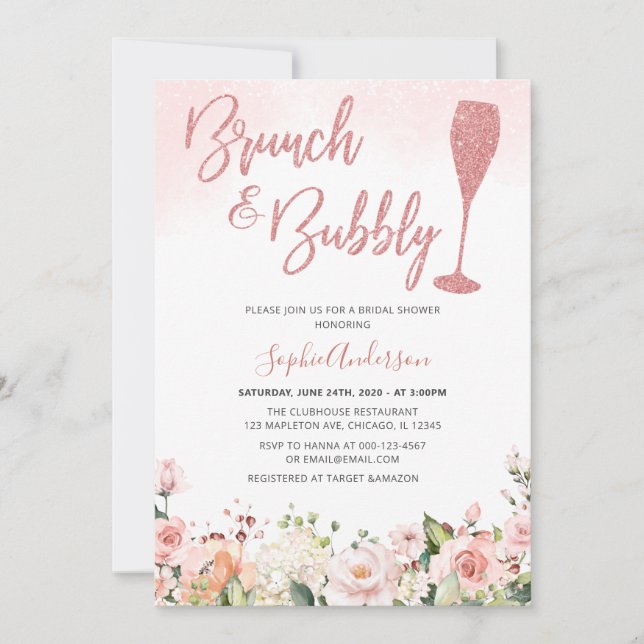 Invitation Parties scintillant Rose Gold Brunch Et Bubbly Fêt (Devant)