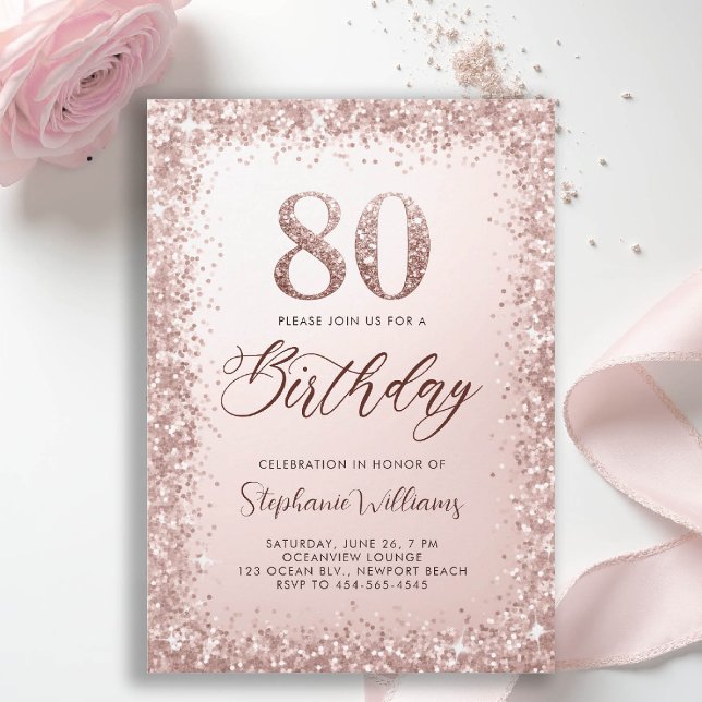 Invitation Parties scintillant Rose Gold Calligraphie moderne (80th birthday invitation for women her glitter sparkle rose gold elegant glam luxury stylish classy)