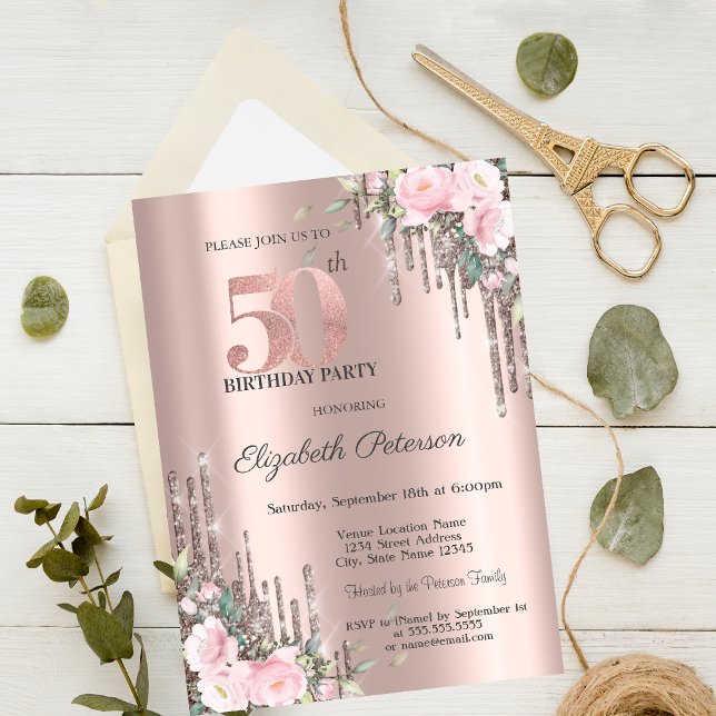 Invitation Parties scintillant Rose Gold Floral 50e anniversa (Créateur téléchargé)