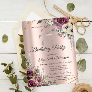 Invitation Parties scintillant Rose Gold Floral 75e anniversa