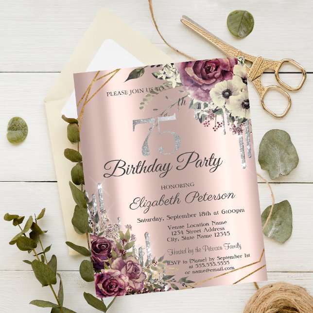 Invitation Parties scintillant Rose Gold Floral 75e anniversa (Créateur téléchargé)