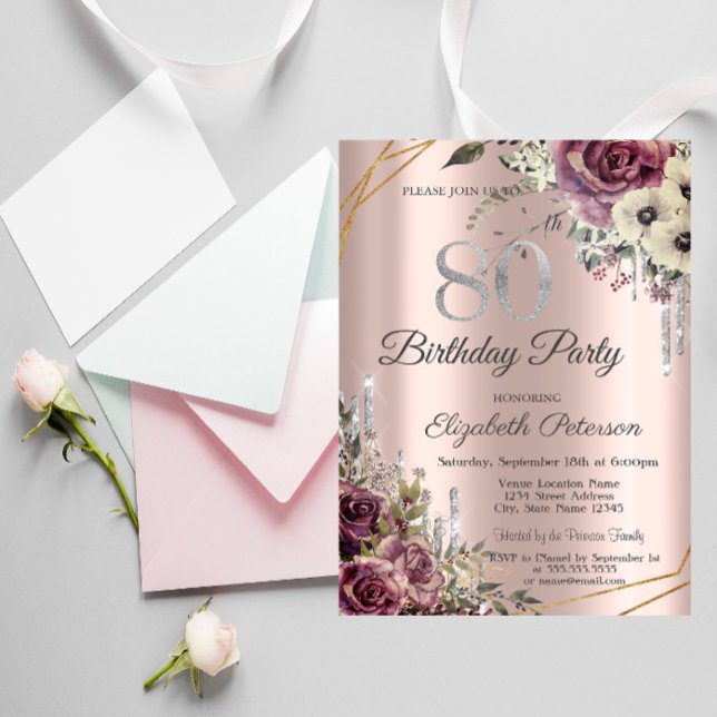 Invitation Parties scintillant Rose Gold Floral 80e anniversa (Créateur téléchargé)