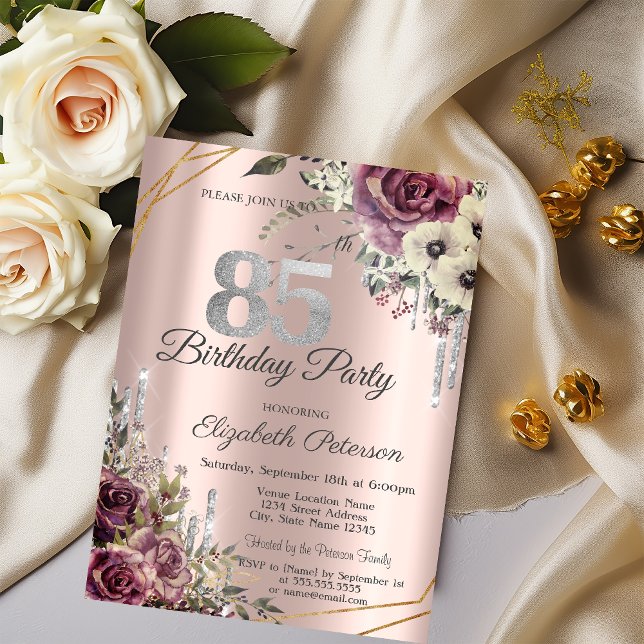 Invitation Parties scintillant Rose Gold Floral 85e anniversa (Créateur téléchargé)