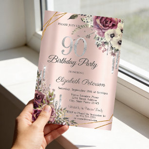 Invitation Parties scintillant Rose Gold Floral 90e anniversa