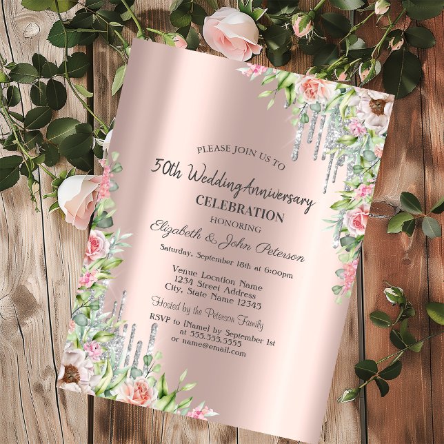Invitation Parties scintillant Rose Gold Floral Mariage Anniv (Créateur téléchargé)