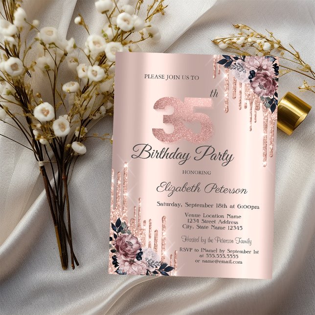 Invitation Parties scintillant Rose Gold Flowers 35e annivers (Créateur téléchargé)