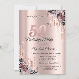 Invitation Parties scintillant Rose Gold Flowers 50e annivers