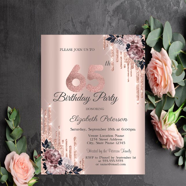Invitation Parties scintillant Rose Gold Flowers 65e annivers (Créateur téléchargé)
