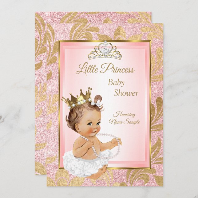 Invitation Parties scintillant rose Gold Princesse Baby showe (Devant / Derrière)