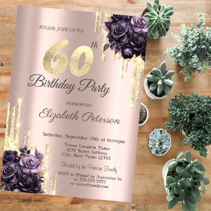 Invitation Parties scintillant Rose Gold Purple Roses 60e