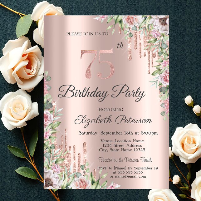 Invitation Parties scintillant Rose Gold Roses 75e anniversai (Créateur téléchargé)