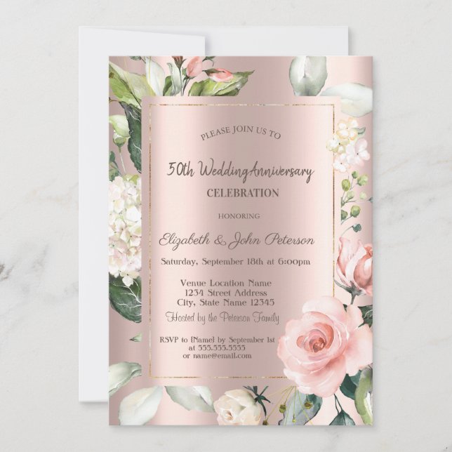 Invitation Parties scintillant Rose Gold Roses Mariages Anniv (Devant)