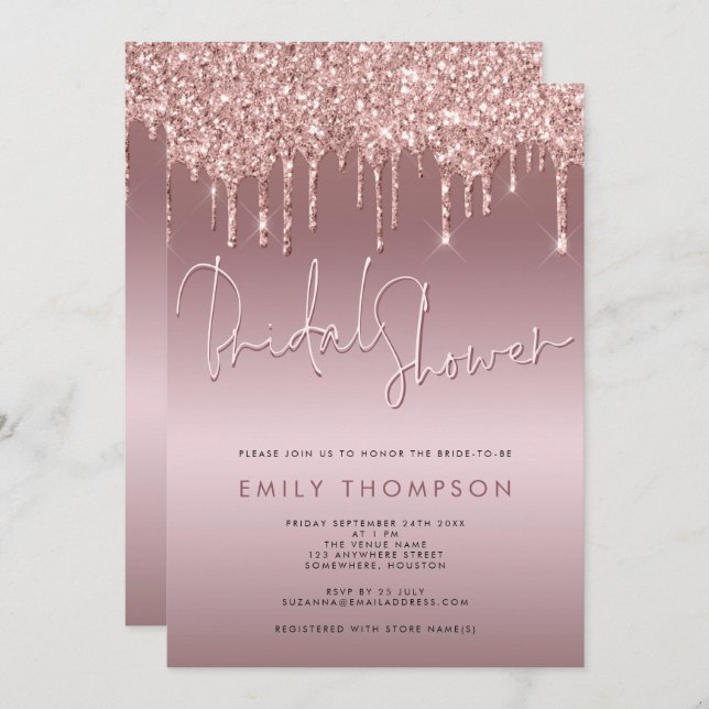 Invitation Parties scintillant Rose  Gold Script Fête des mar (Devant / Derrière)