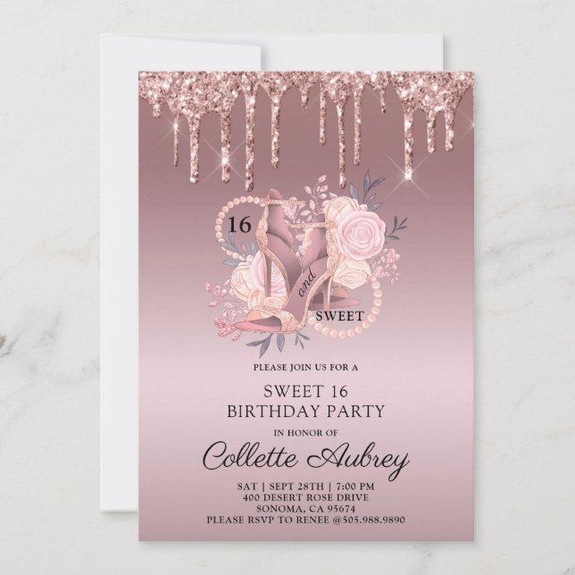 Invitation Parties scintillant Rose Gold Sweet 16 Anniversair (Devant)