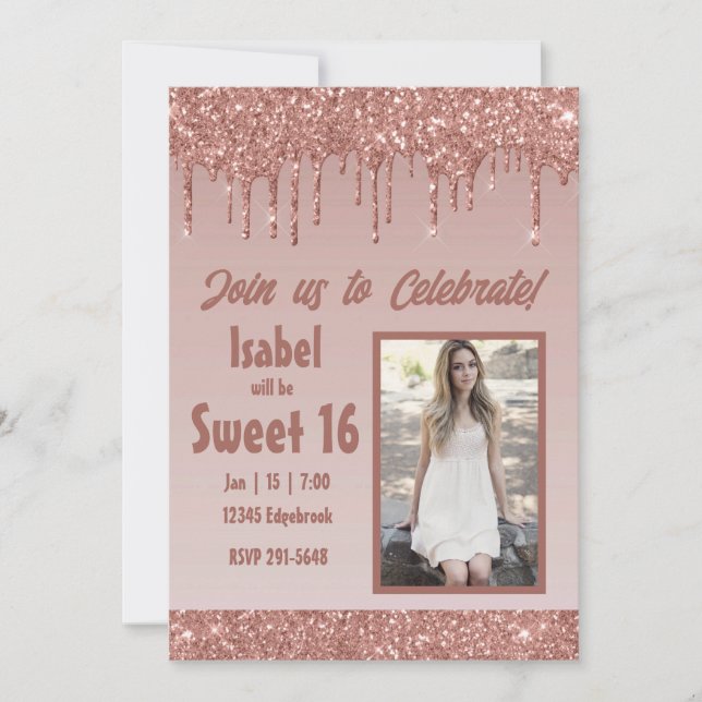 Invitation Parties scintillant rose goutte d'or Sweet 16 fête (Devant)