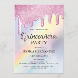 Invitation Parties scintillant rose gouttes arc-en-ciel Holog