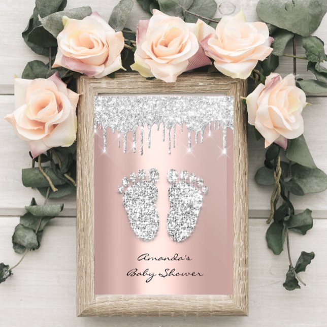 Invitation Parties scintillant  Rose Gris bébé fille Douche p (Glitter Drips Rose Gray Baby Girl Shower Feet Invitation)