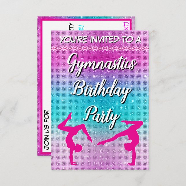 Invitation Parties scintillant rose Gymnastique Anniversaire  (Devant / Derrière)